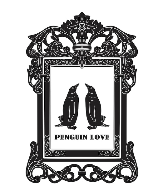 Pinguïn liefde met oud frame logo handgemaakt silhouet