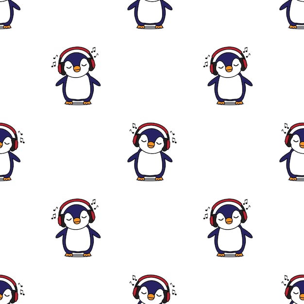 Vector pinguïn met hoofdtelefoons naadloos patroon