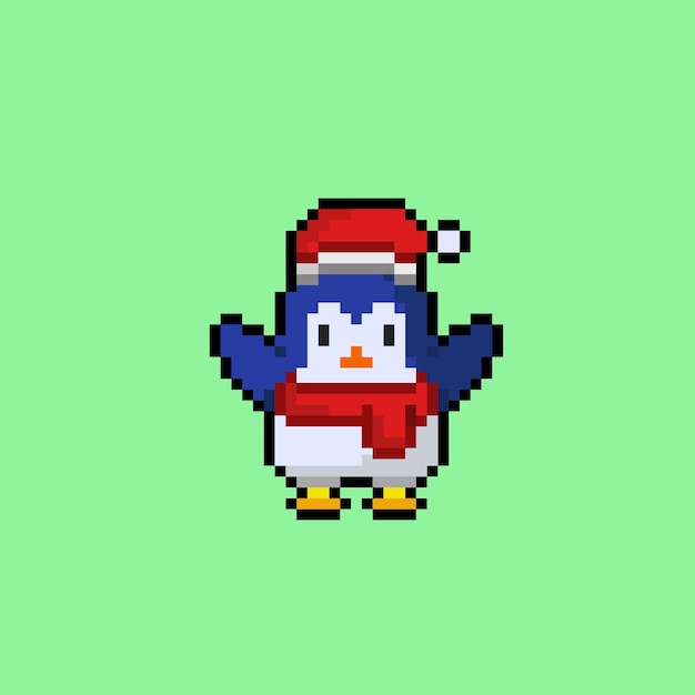 pinguïn met kerstmuts en sjaal in pixelart-stijl