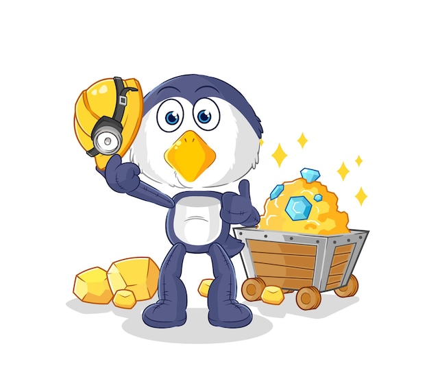 Pinguïn mijnwerker met gouden karakter cartoon mascotte vector