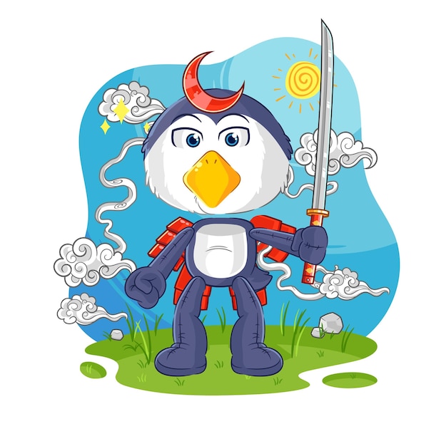 Pinguïn samurai cartoon cartoon mascotte vector