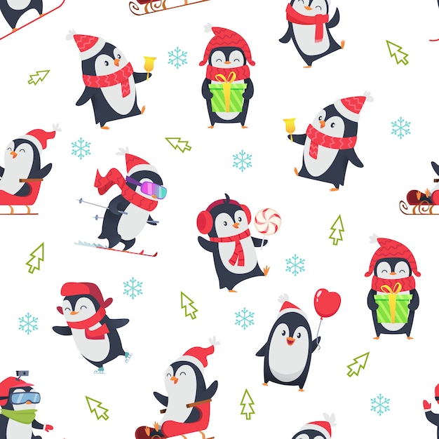 Pinguin seamless pattern. Cartoon textile design with   of winter snow wild cute animal in various action pose