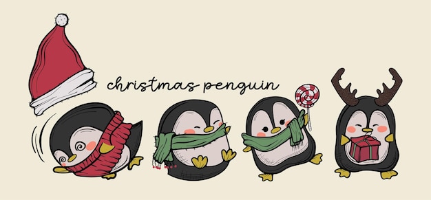 Pinguïn voor Kerstmis Leuke stripfiguur Handgetekende illustratie 02