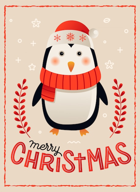 Pinguïn vrolijke kerstkaart poster sjabloon vectorillustratie