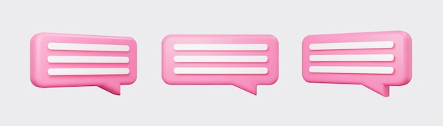 Pink 3d bubble talks set isolated on gray background. Glossy pink speech bubbles, dialogue, messenger shapes. 3D render vector icons for social media or website