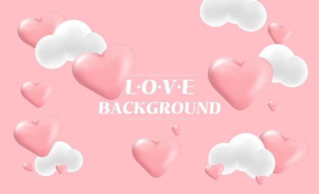 Pink 3D hearts and clouds background