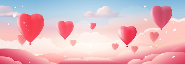 Vector pink air balloons in heart shape flying in sky happy valentine day greeting card shopping poster or voucher holiday celebration