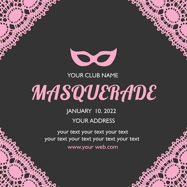 Вектор Розово-черная кружевная открыткаmasquerade invite