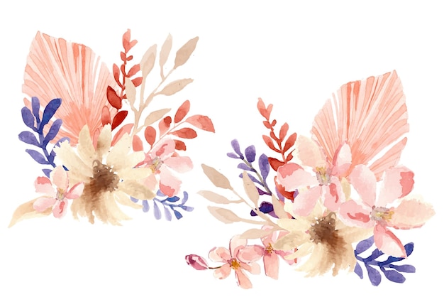 분홍색 야자수 잎과 보라색 잎 수채화 꽃꽂이 꽃다발이 있는 분홍색과 크림색 꽃