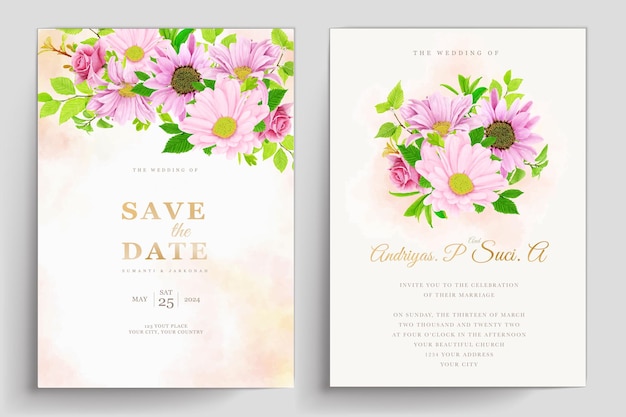 ベクトル ピンクと緑の花の水彩の背景の招待カードセット