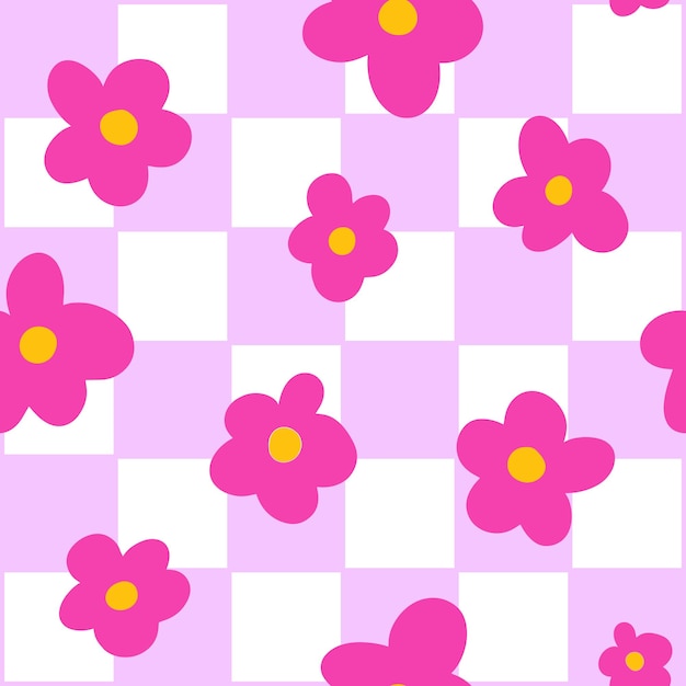 Розовый и белый groovy checkerboard grid бесшовный узор с маленьким цветком ромашки каракули y2k 90s