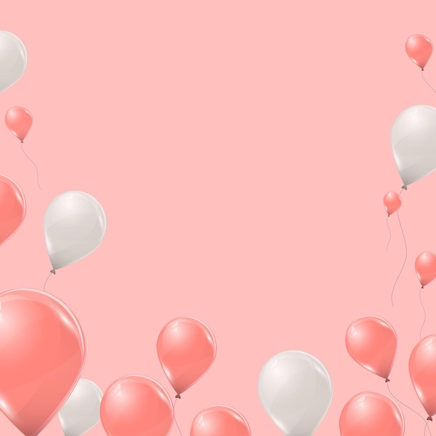 Розовые и белые гелиевые шары на розовом фоне. летающие латексные 3d баллоны. векторная иллюстрация.