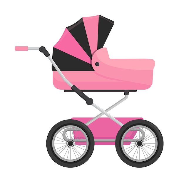 Vector pink baby carriage isolated on white background.