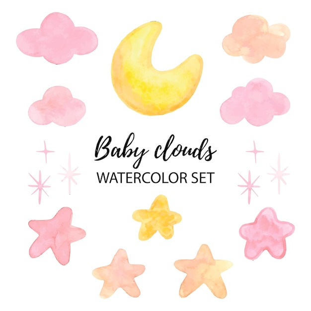 핑크색 아기 구름과 별 수채화 그림 컬러 무지개와 달
