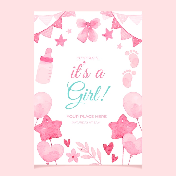 Vector pink baby girl party flyer in watercolor style
