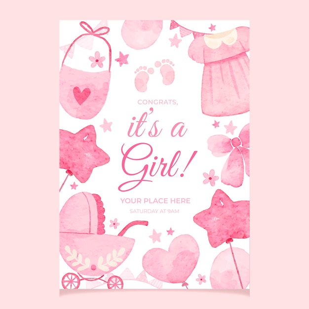 Vector pink baby girl party flyer in watercolor style