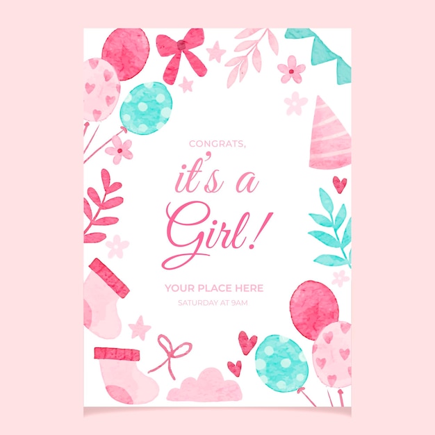 Vector pink baby girl party flyer in watercolor style