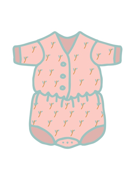 Pink baby romper slip bodysuit romper summer clothes with green buttons and twig ornament short sleeves for newborn baby girl child isolated vector hand drawing with diaper closures