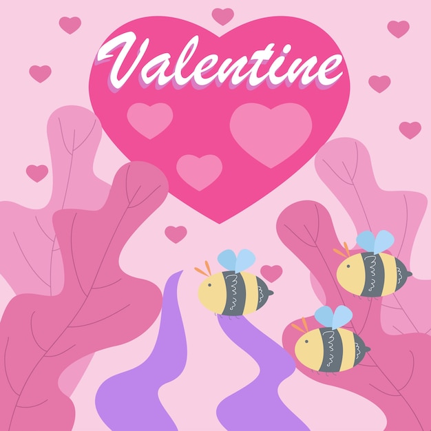 pink background and cute bee valentines day greeting