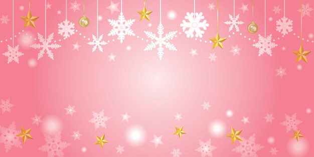 Pink background illustration of star and snowy crystal of Christmas.