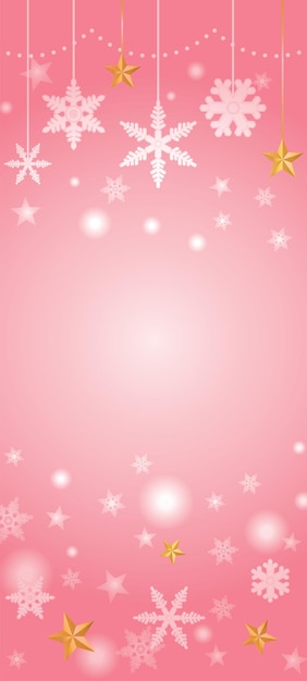 Pink background illustration of star and snowy crystal of Christmas.