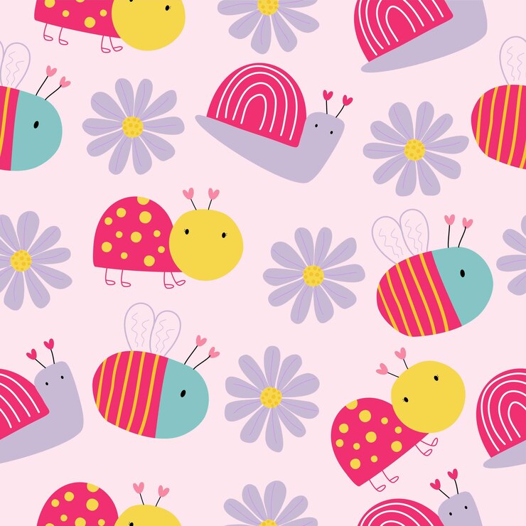 Vector a pink background seamless pattern with a pattern of cute insects