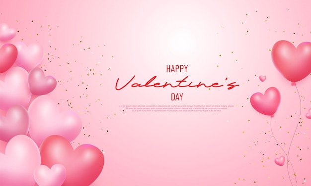 Pink background for Valentines Day with several pink heart shaped balloons beside the left side of the background