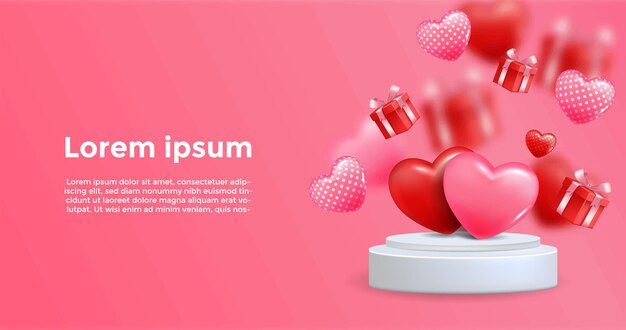 Pink background with 3d realistic heart elements on the podium