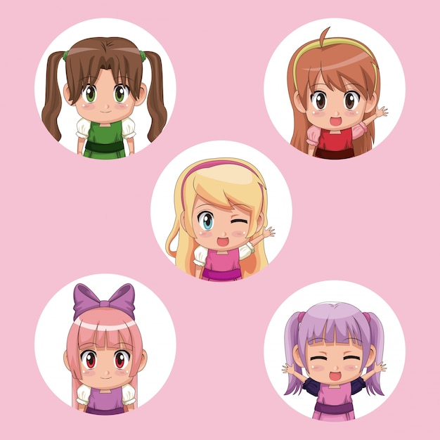 Vector pink background with circular frame of set half body cute anime girls facial expression