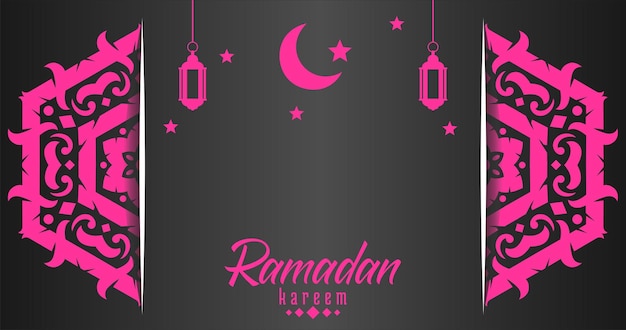 Uno sfondo rosa con una falce di luna e una stella con le parole ramadan.