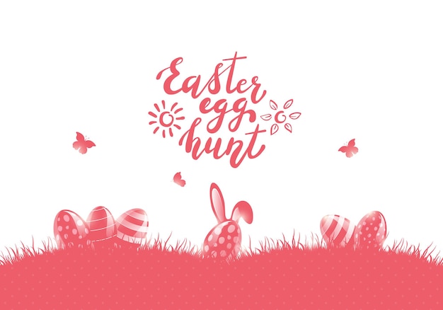 Pink background with Easter eggs in a grass and rabbit ears. Holiday lettering Happy Easter Egg Hunt with sun and flower, illustration.