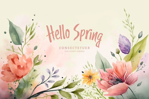 A pink background with a floral border that says hello spring.