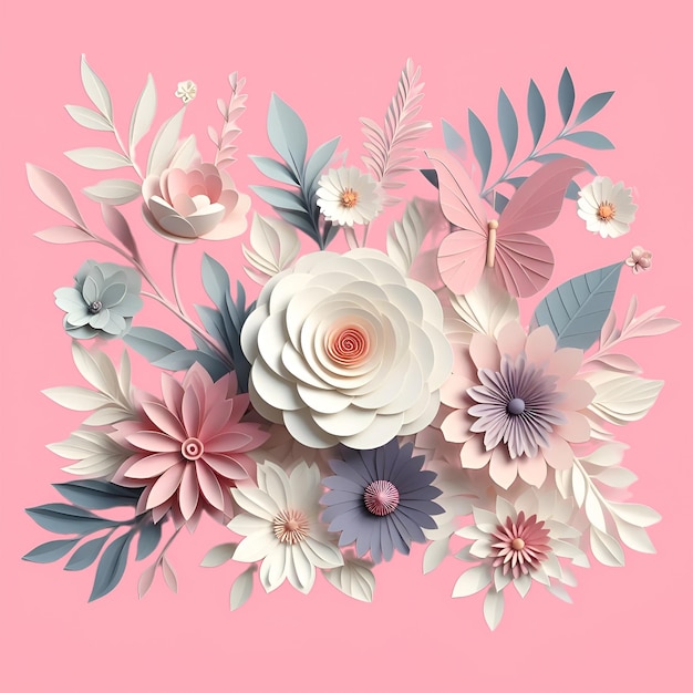 a pink background with flowers and leaves and flowers
