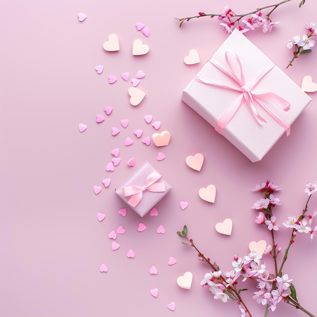 Pink background with gift boxes and flowers with space for text