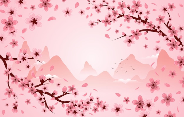 ピンクの背景に山があり桜の花がいています