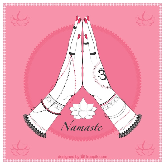 Pink background with namaste greeting