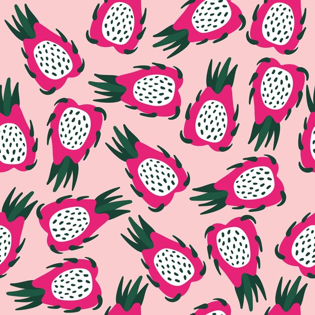 A pink background with a pattern of pink and green dragon fruit.