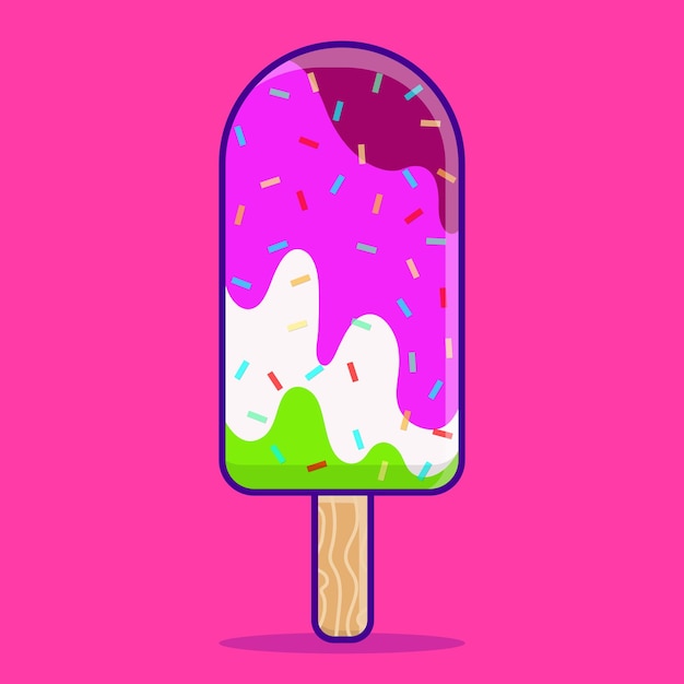 A pink background with a purple ice cream with sprinkles on it.