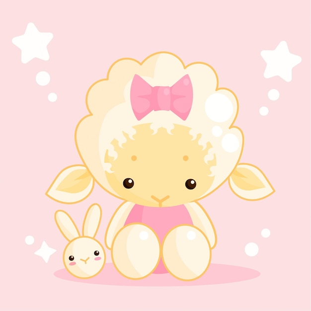 A pink background with a sheep and a bunny