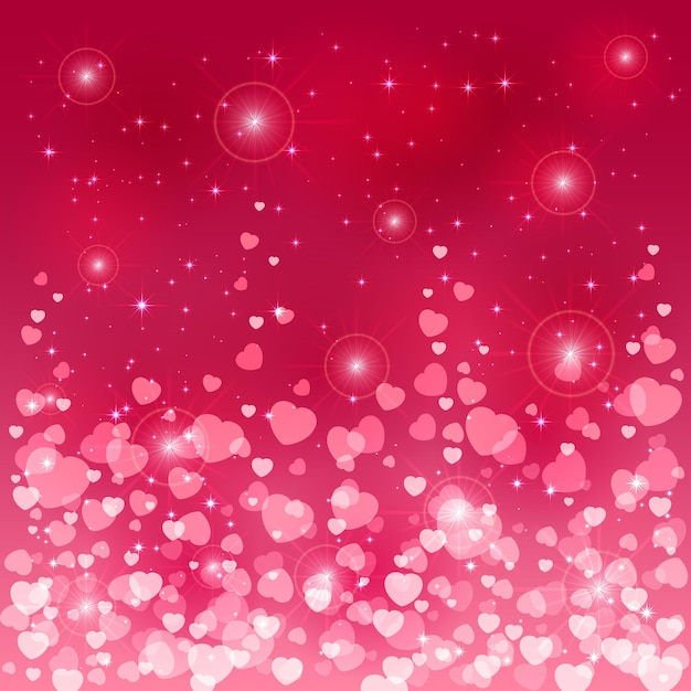 Pink background with shiny blurry hearts and stars, illustration.