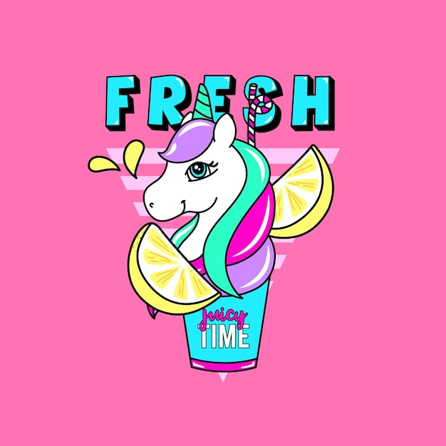 Vector a pink background with a unicorn and the words fresh on it