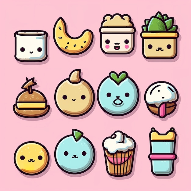 Vector a pink background with a variety of food items including a kawaii fish, ice cream, and a cupcake.