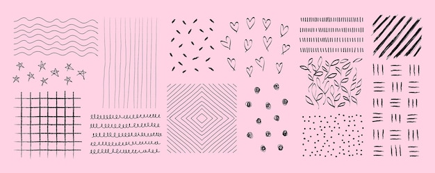 विभिन्न काले रेखा पैटर्न के साथ गुलाबी पृष्ठभूमि। पैटर्न में तारे, दिल, धारियाँ और ग्रिड शामिल हैं। दोहराए गए रेखा पैटर्न एक चंचल डिजाइन बनाते हैं। तत्व वेक्टर सेट
