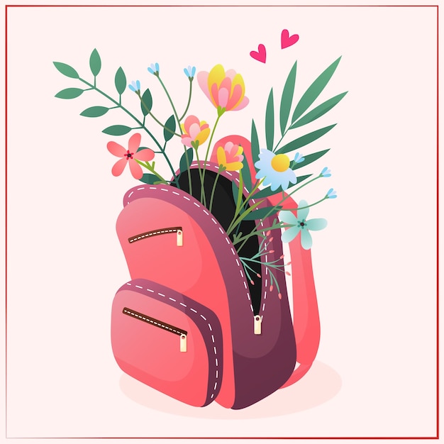 Pink backpack with flowers and leaves inside. Spring postcard with frame