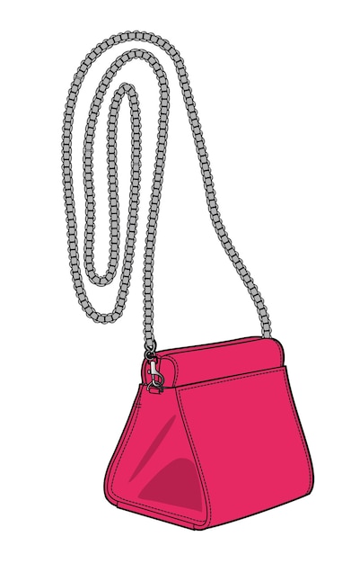 A pink bag with a silver chain hanging from it.