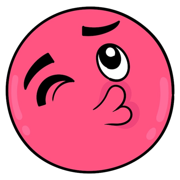 Розовая шаровая голова с пухлыми губами хочет поцеловать, векторные иллюстрации картонный смайлик. рисунок значок каракули