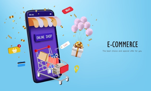 Palloncino rosa con carrello e smartphone per lo shopping online