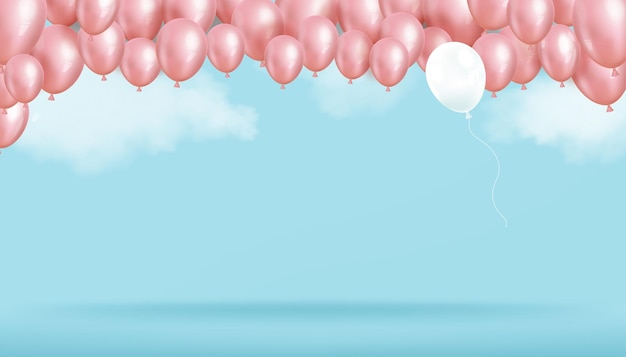 Vector pink balloons and cloud floating on blue sky wall 3d