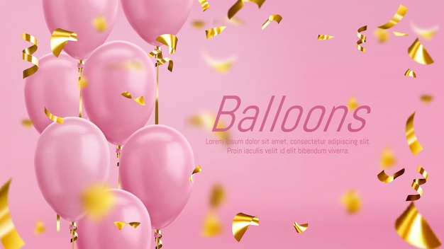 Pink balloons and gold confetti. vector glossy realistic balloons on pink background for holiday celebration greeting card