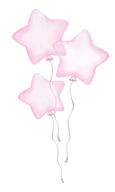 핑크 풍선 별 모양 수채화 그림 귀여운 손으로 그린 베이비 샤워 디자인 요소